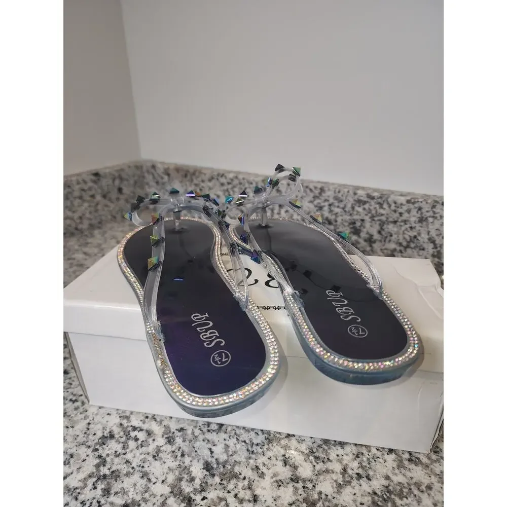SBUP Jelly Rhinestone Studded Bows Clear Blue Sandals